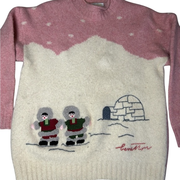 Benetton Vintage Shetland Wool Sweater Eskimo and Igloo figures made in Italy- S - Picture 6 of 16